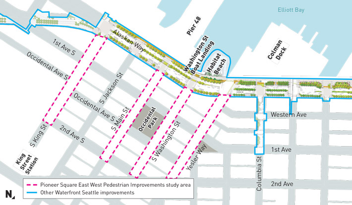 Map of the study area for the project, which run on Main, Washington, King and Yesler streets between Alaskan Way and Second Avenue.