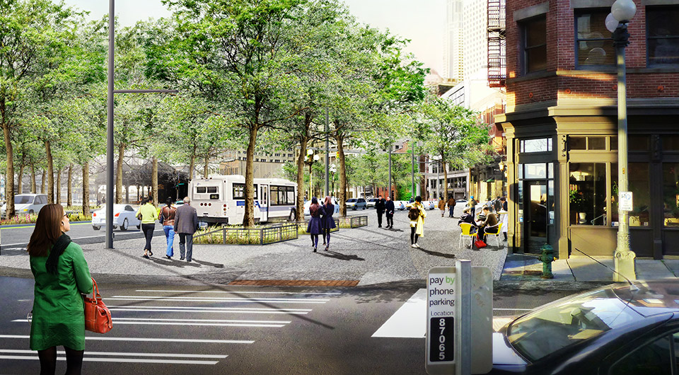 Rendering of people walking along the east side of Alaskan Way at Main Street