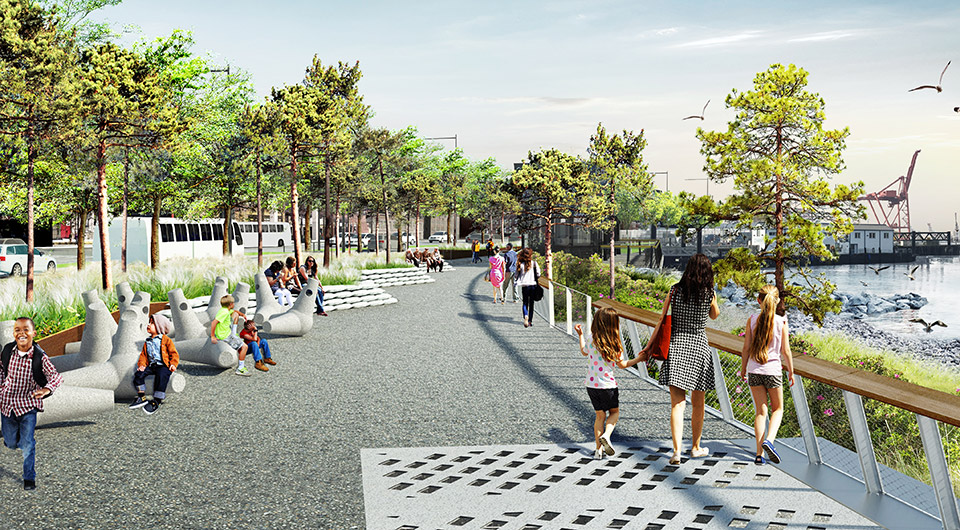 Rendering of people walking along the park promenade by the water and children playing on public art pieces that look like boulders